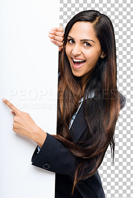 Buy stock photo Woman, excited and pointing at poster mockup portrait isolated on a transparent, png background. Wow person show hand for blank paper banner for advertising promotion, announcement or presentation 