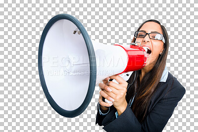 Buy stock photo Loudspeaker, megaphone and business woman shout isolated on transparent png background. Female person, portrait or voice amplifier for corporate announcement, breaking news or communication of speech