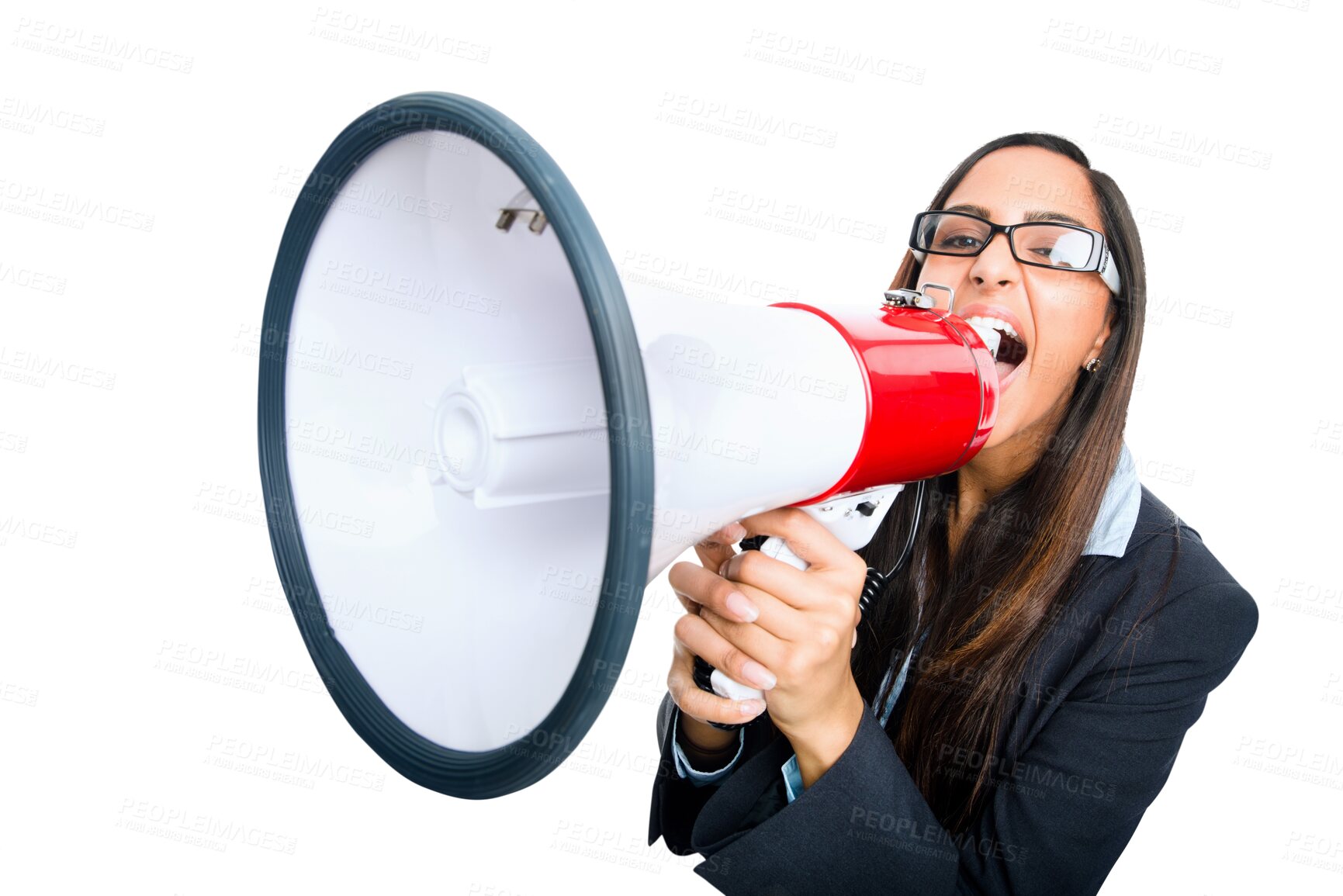 Buy stock photo Loudspeaker, megaphone and business woman shout isolated on transparent png background. Female person, portrait or voice amplifier for corporate announcement, breaking news or communication of speech
