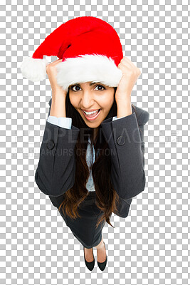 Buy stock photo Portrait, business and woman with a Christmas hat on isolated, transparent or png background. Festive holiday, xmas celebration or season promotion with corporate, businesswoman and employee