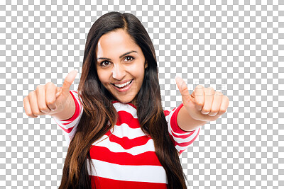 Buy stock photo Portrait, smile and woman with thumbs up isolated on a transparent png background. Face, like hand gesture and person with emoji for support, success and excellence, review and thank you for vote.