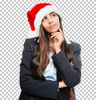 Buy stock photo Thinking, Christmas and a woman with a hat for work, office party and ideas for the holidays. Business, Indian employee and an idea for a festive celebration isolated on a transparent png background