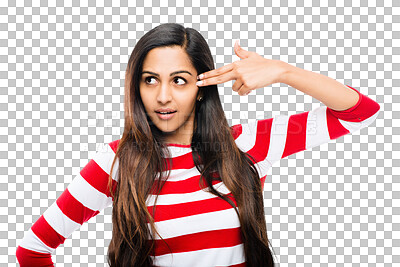 Buy stock photo Silly, finger gun and young woman with a goofy, comic or comedy joke gesture with casual outfit. Funny, crazy and beautiful female model with a hand gesture isolated by a transparent png background.