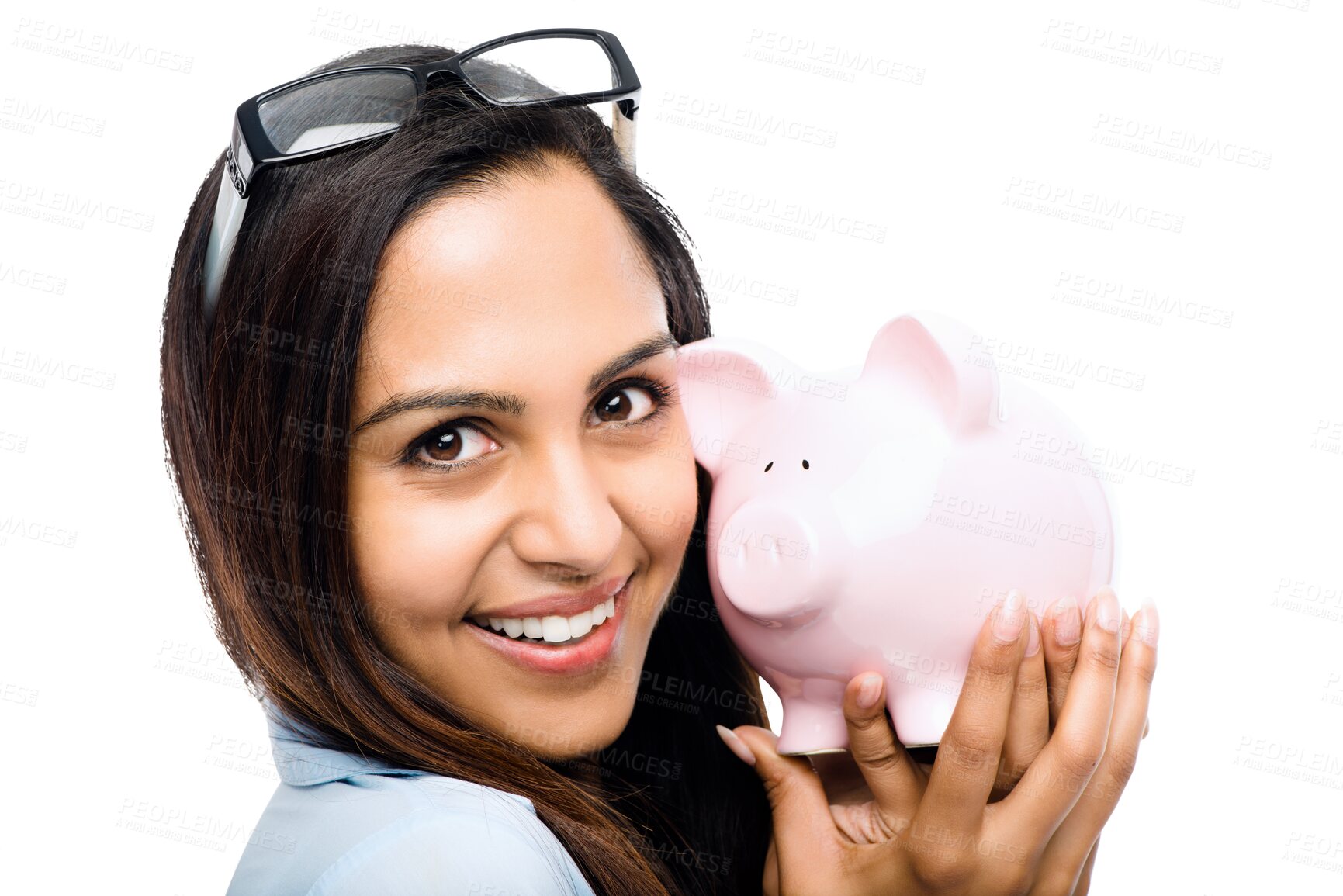 Buy stock photo Isolated business woman, piggy bank and smile in portrait, financial goals and transparent png background. Happy young businesswoman, savings and investment for growth, wealth and excited for future