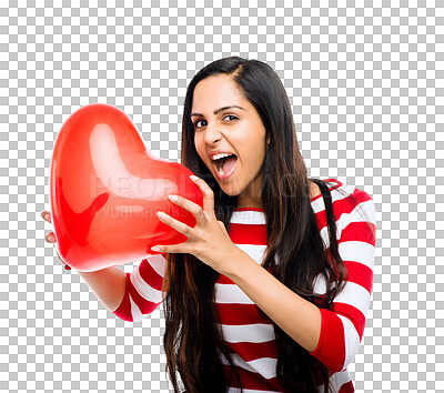 Buy stock photo Portrait, heart and balloon with a woman on valentines day isolated against a transparent background. Love, health or wellness with an attractive young female holding an emoji shape of romance on PNG