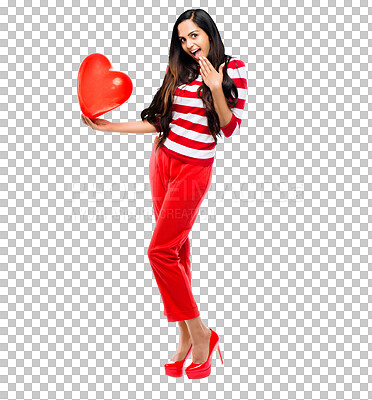 Buy stock photo Portrait, heart and balloon with a surprised woman on valentines day isolated against a transparent background. Love, health or wellness with a young female holding an emoji shape of romance on PNG