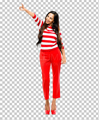 Buy stock photo Pointing, information and announcement of excited woman isolated on a transparent png background. Hand, presentation and marketing with female person showing direction to advertising logo in fashion