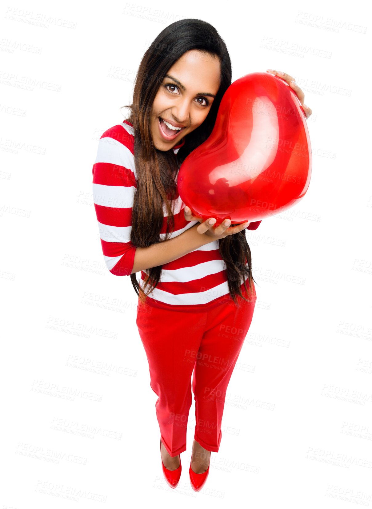 Buy stock photo Portrait, heart and balloon with a romantic woman on valentines day isolated against transparent background. Love, health or wellness with an attractive female holding an emoji shape of on above PNG