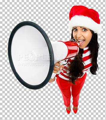 Buy stock photo Isolated woman, megaphone and Christmas portrait for deal announcement by transparent png background. Girl, bullhorn and speaker for promotion, sales and discount for xmas holiday, vacation and event