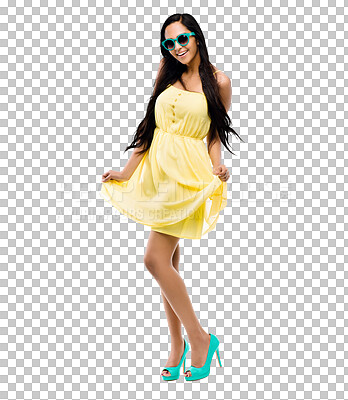 Buy stock photo Fashion, sunglasses and happy woman in dress isolated on a transparent png background. Smile, style or female model in trendy outfit, fancy yellow clothes or elegance in fashionable designer clothing