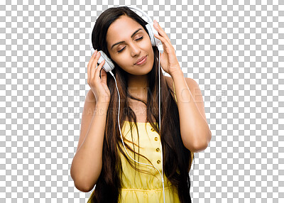 Buy stock photo Happy, relax and a woman with music in headphones, streaming audio and radio. Calm, happiness and a young Indian girl listening to a podcast or songs online isolated on a transparent png background