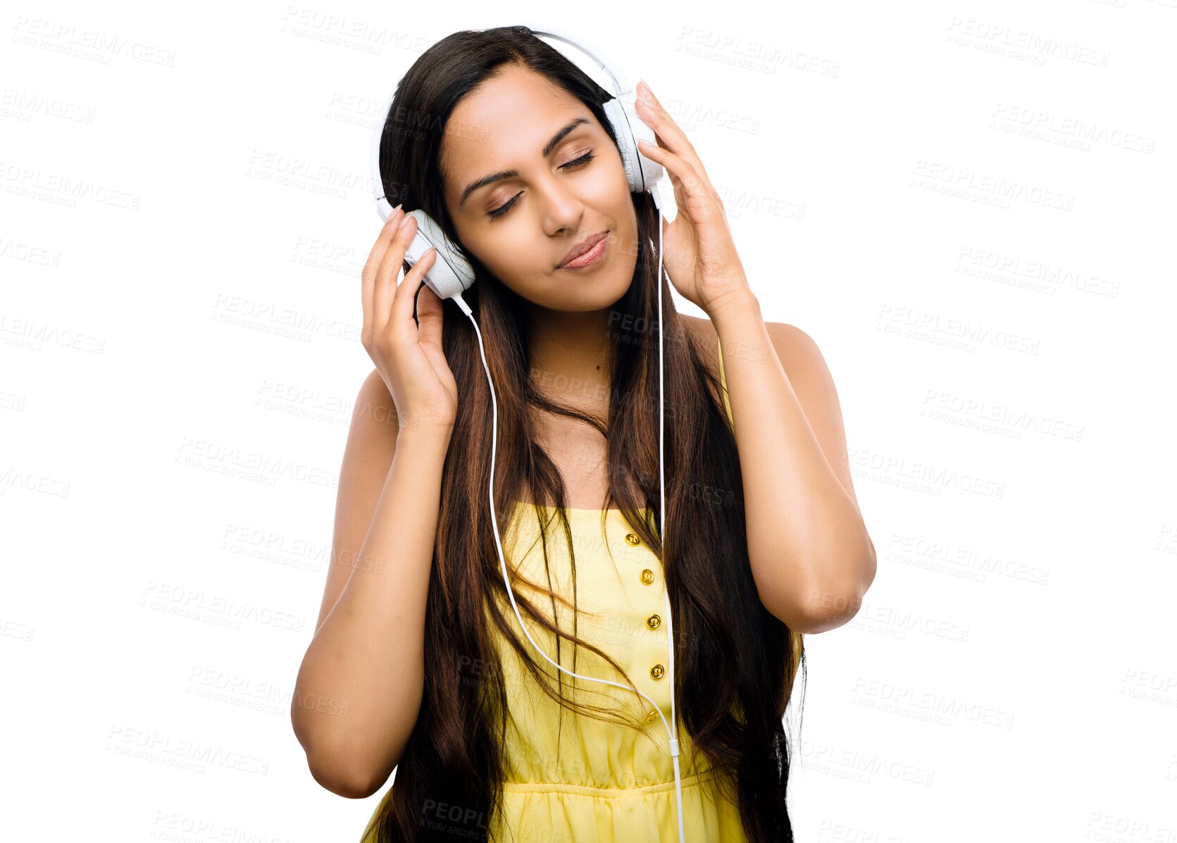Buy stock photo Happy, relax and a woman with music in headphones, streaming audio and radio. Calm, happiness and a young Indian girl listening to a podcast or songs online isolated on a transparent png background
