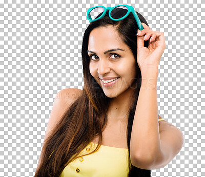 Buy stock photo Fashion, sunglasses and portrait of happy woman isolated on a transparent png background. Smile, face and female model in trendy outfit, fancy yellow clothes or fashionable designer brand from Brazil