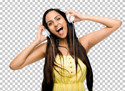 Buy stock photo Happy, music and portrait of woman with headphones on isolated, PNG and transparent background. Happiness, dancing and excited female person with smile listening to audio, song and streaming radio