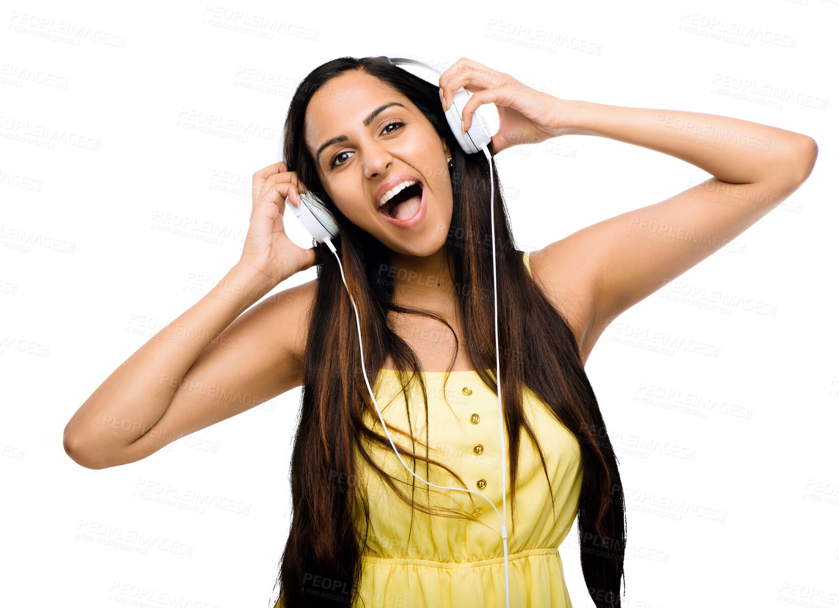 Buy stock photo Happy, music and portrait of woman with headphones on isolated, PNG and transparent background. Happiness, dancing and excited female person with smile listening to audio, song and streaming radio