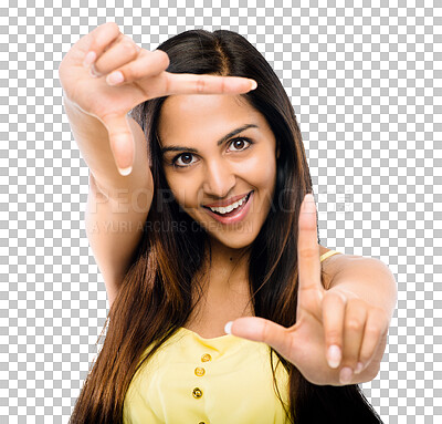 Buy stock photo Hand frame, happy and portrait of woman for a photo, selfie or memory. Creativity, face and Indian photographer with hands framing for a picture or photography isolated on transparent png background