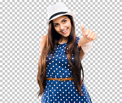 Buy stock photo Portrait, smile or happy girl thumbs up for winning, okay or sale offer isolated on transparent png background. Approve, like or woman smiling with thumbsup for fashion discount deal or promotion 