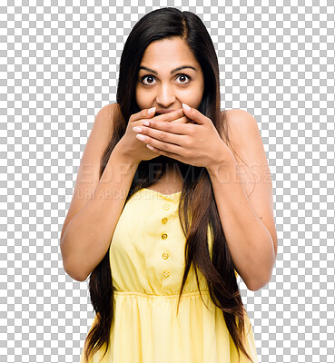 Buy stock photo Portrait, gossip or shocked woman cover mouth for secret isolated on transparent png background. Hands on face, wow or embarrassed girl surprised by crazy announcement, drama story or fake news 