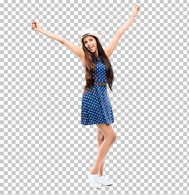 Buy stock photo Portrait, fashion and celebration with a woman cheering isolated on transparent background for success. Winner, wow or motivation with an attractive young indian female model in trendy clothes on PNG