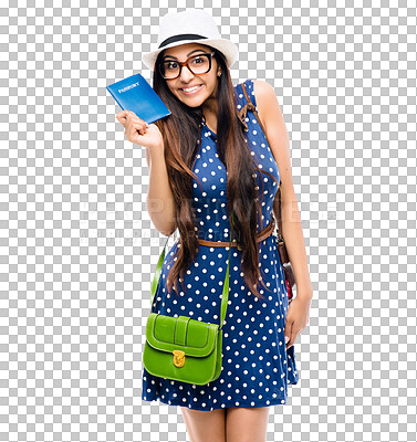 Buy stock photo Isolated woman, passport and portrait on travel, vacation or show document by transparent png background. Student girl, transport and paperwork for international compliance, vacation or immigration
