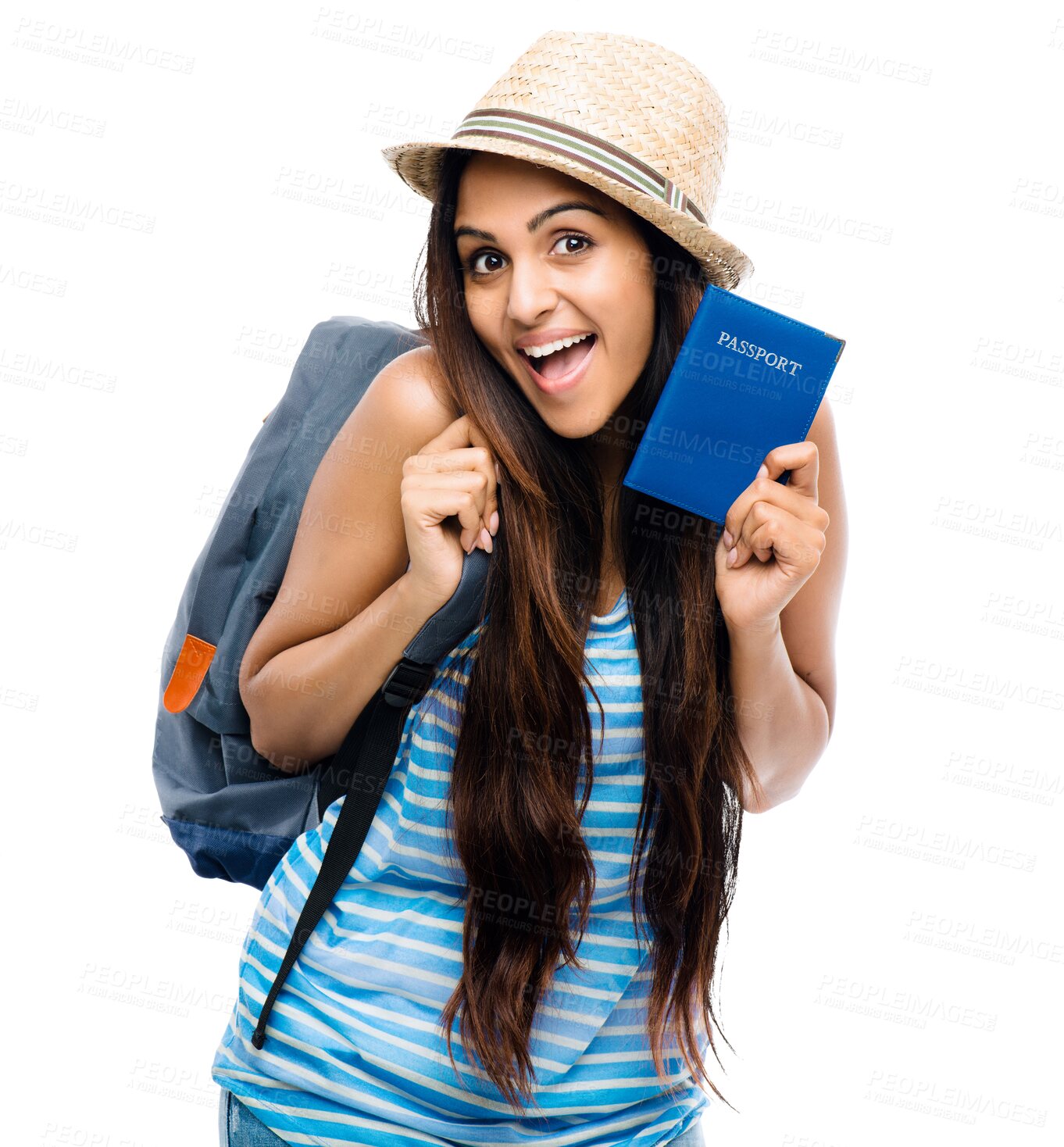 Buy stock photo Isolated woman, passport and excited in portrait, vacation and show document by transparent png background. Exchange student girl, backpack and paperwork for international travel, freedom and study