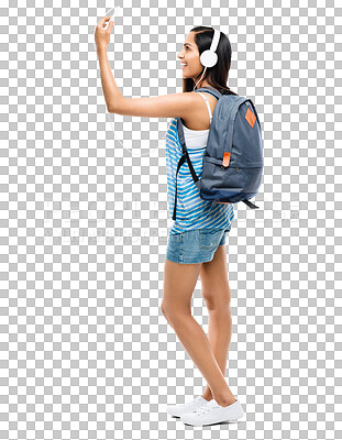 Buy stock photo Isolated student woman, headphones and selfie with music, blog and transparent png background. Young gen z girl, audio streaming or backpack with profile picture, photography and social network app