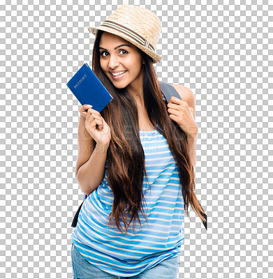 Buy stock photo Isolated woman, passport and smile in portrait, vacation and show document by transparent png background. Exchange student girl, backpack and paperwork for international travel, holiday and study