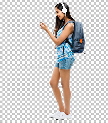 Buy stock photo Isolated student woman, headphones and profile with smartphone, music and transparent png background. Young gen z girl, audio streaming or backpack with phone, smile and search app for podcast on web
