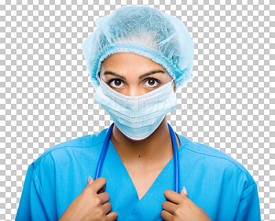 Buy stock photo Portrait, doctor or surgeon with face mask for surgery safety ready for procedure in protection gear. Healthcare physician, clean scrubs or professional nurse isolated on transparent png background