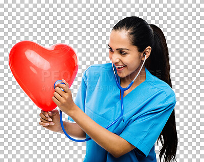 Buy stock photo Heart health, nurse or happy woman with red balloon isolated on transparent png background. Surgeon, cardiac test or healthy medical doctor with smile or stethoscope to check cardiology wellness 