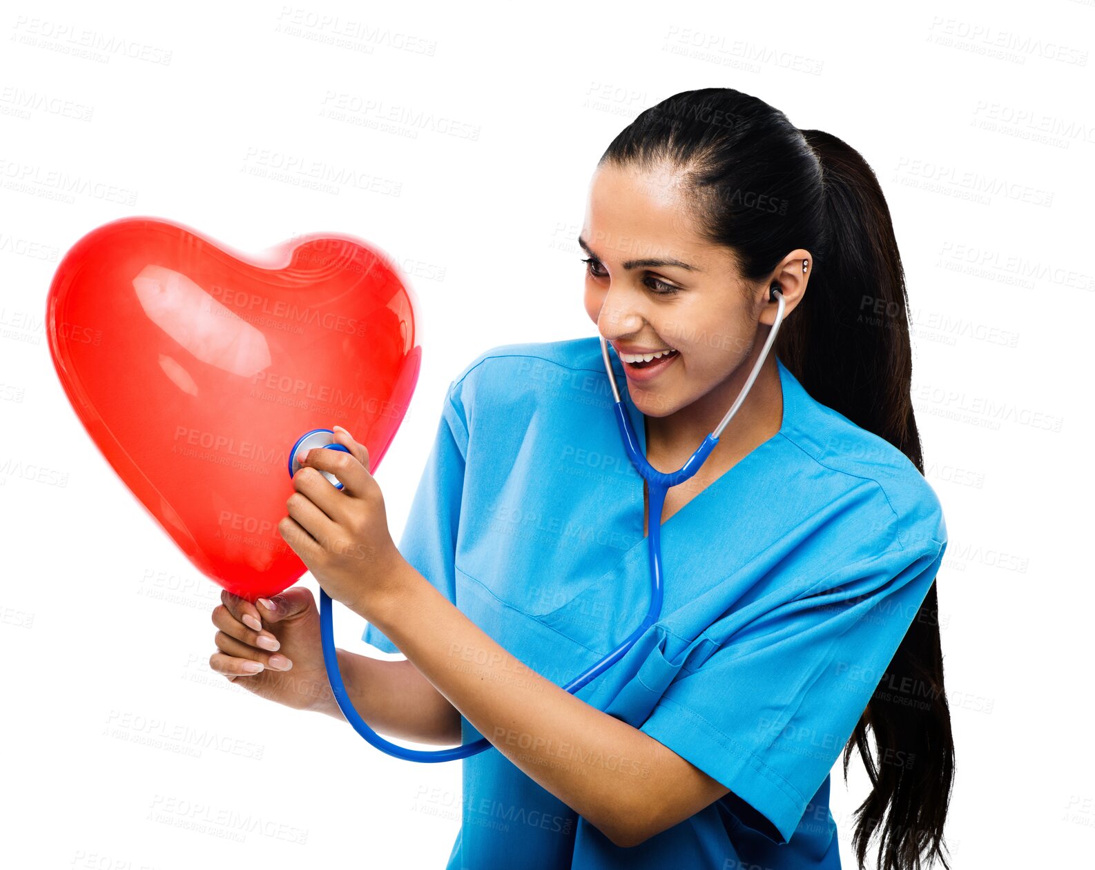 Buy stock photo Heart health, nurse or happy woman with red balloon isolated on transparent png background. Surgeon, cardiac test or healthy medical doctor with smile or stethoscope to check cardiology wellness 