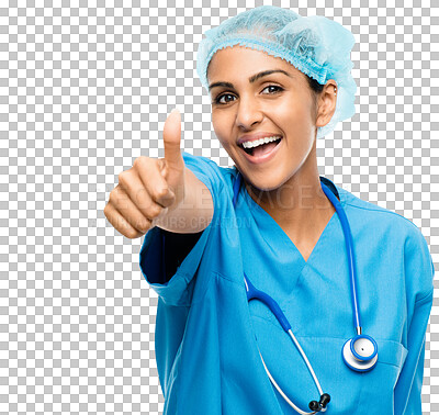 Buy stock photo Portrait, nurse and thumbs up of excited woman isolated on a transparent png background. Face, like hand gesture and surgeon with emoji for support, success and excellence, healthcare and wellness.