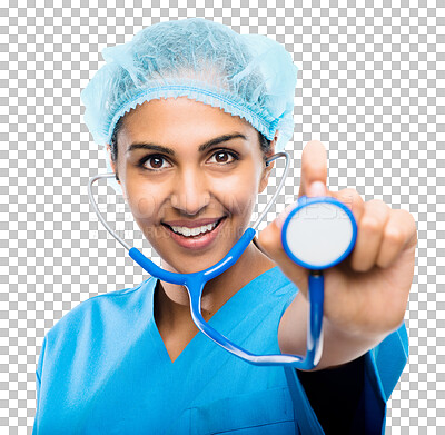 Buy stock photo Portrait, happy woman or surgeon with stethoscope for surgery ready for procedure in safety gear. Healthcare physician, heart health check or professional nurse isolated on transparent png background