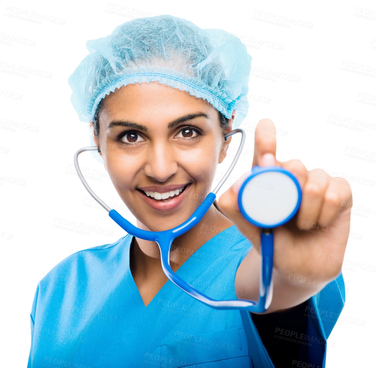 Buy stock photo Portrait, happy woman or surgeon with stethoscope for surgery ready for procedure in safety gear. Healthcare physician, heart health check or professional nurse isolated on transparent png background