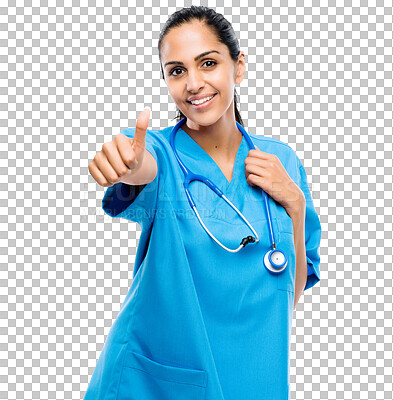 Buy stock photo Portrait, nurse and woman with thumbs up isolated on a transparent png background. Face, like hand gesture and surgeon with happy emoji for support, success and excellence, healthcare and wellness.