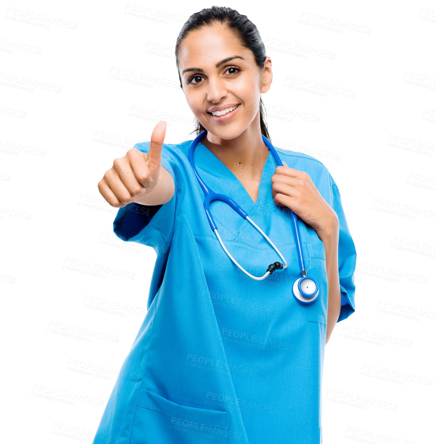 Buy stock photo Portrait, nurse and woman with thumbs up isolated on a transparent png background. Face, like hand gesture and surgeon with happy emoji for support, success and excellence, healthcare and wellness.