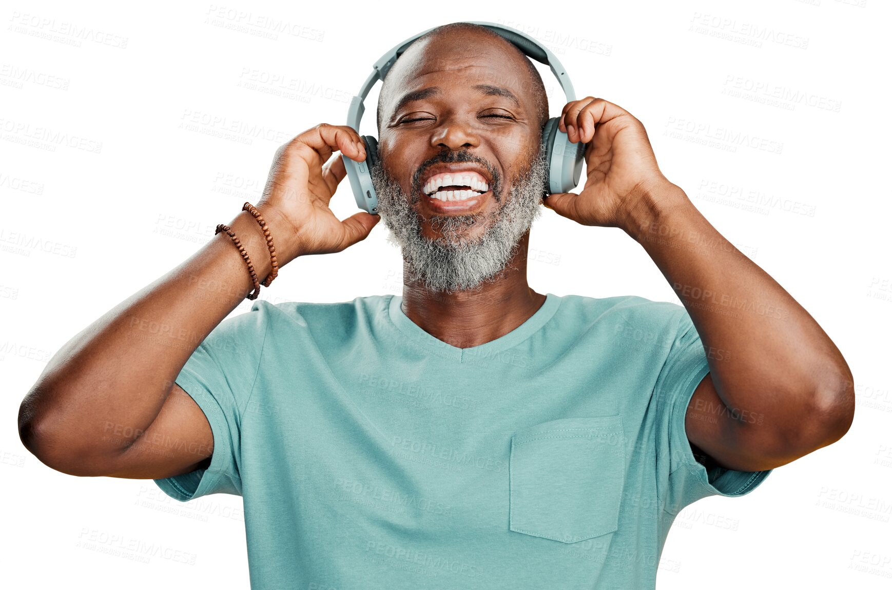 Buy stock photo Music, dance and audio with a senior black man isolated on a transparent background for fun. Freedom, relax or smile with a happy mature male pensioner dancing and streaming using headphones on PNG