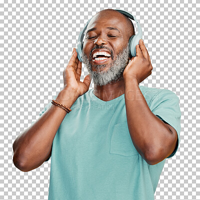 Buy stock photo Music, dance and relax with a senior black man isolated on a transparent background for fun. Freedom, headphones or smile with a happy mature male person listening to and streaming audio on PNG