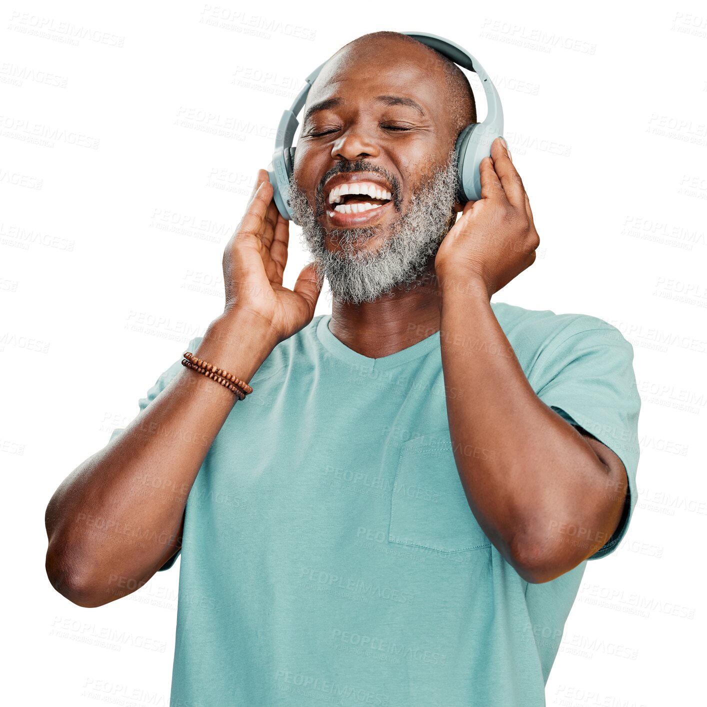Buy stock photo Music, dance and relax with a senior black man isolated on a transparent background for fun. Freedom, headphones or smile with a happy mature male person listening to and streaming audio on PNG