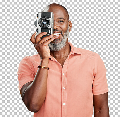 Buy stock photo Black man, photographer and smile for portrait with camera, photography or picture on transparent, isolated or png background. Memory, happy and excited tourist with vintage film lens for photo