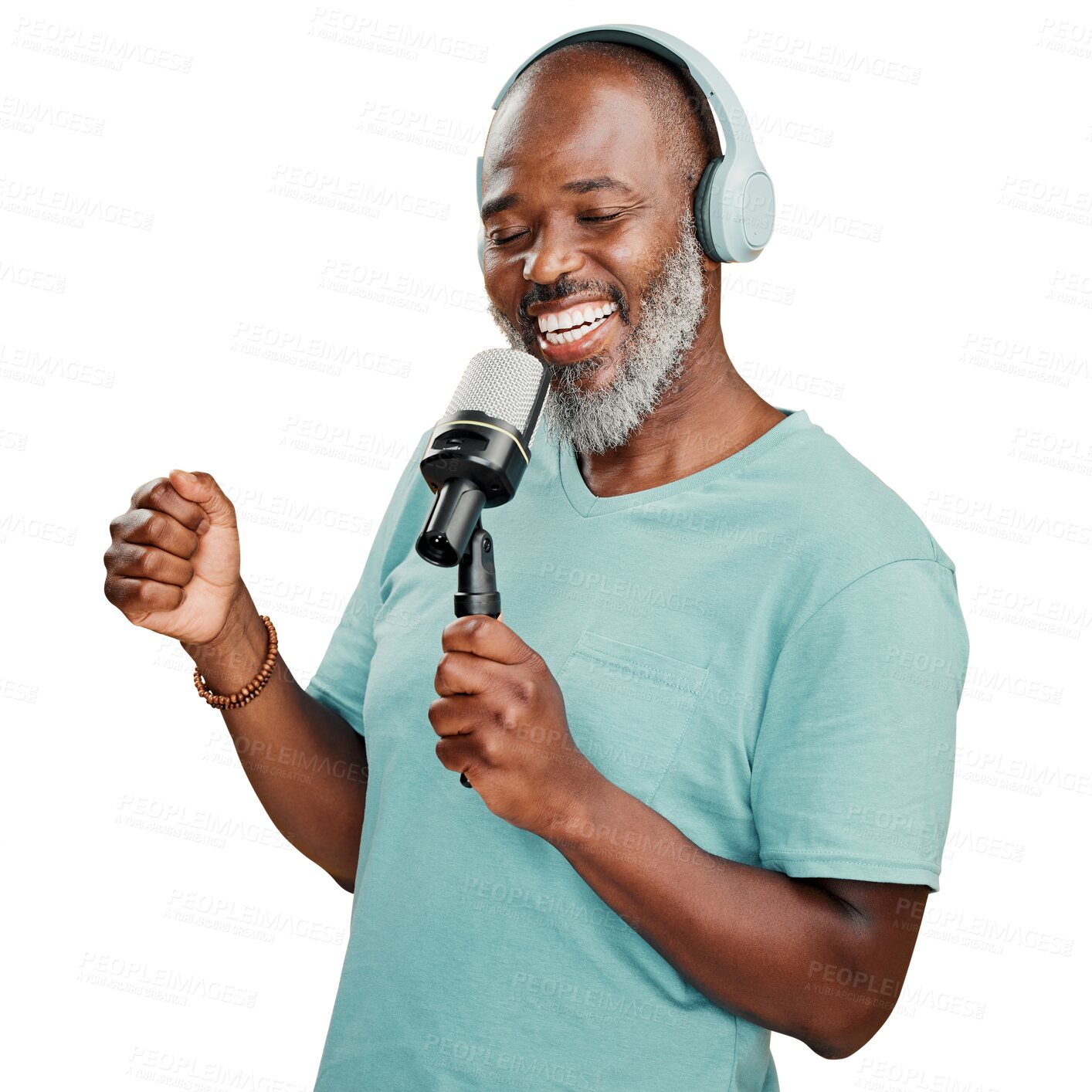 Buy stock photo Microphone, music and happy black man with headphones on isolated, PNG and transparent background. Karaoke, smile and male person signing with mic and listening to audio, radio and streaming podcast