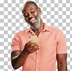 One happy African American man standing against isolated on a png background, holding and using his cellphone to browse the internet. Smiling black man laughing while browsing his phone for social media