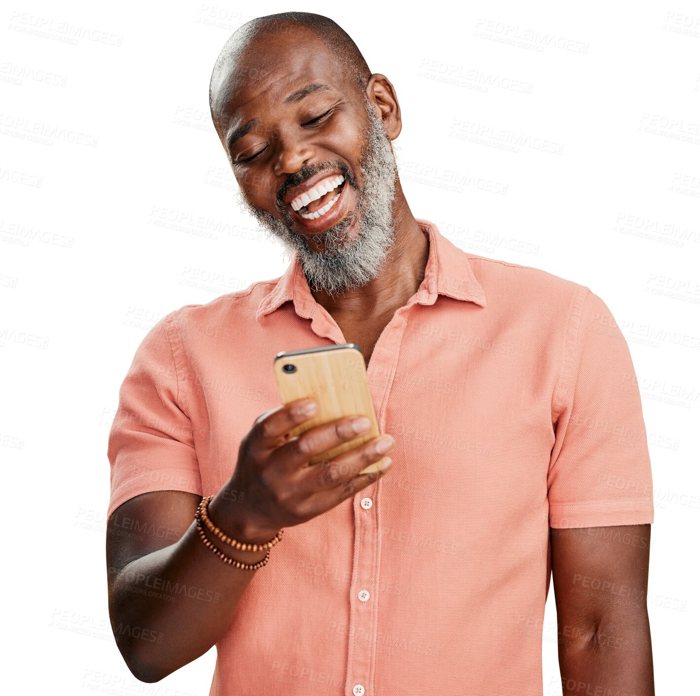 Buy stock photo Phone, excited and black man laughing for social media, meme or funny internet post isolated on transparent background. Reading, search and senior person with smartphone, happy news or chat on png