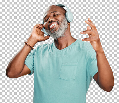 Buy stock photo Music, dance and smile with a senior black man isolated on a transparent background for fun. Freedom, relax or wireless headphones with a happy mature male streaming audio, radio or sound on PNG