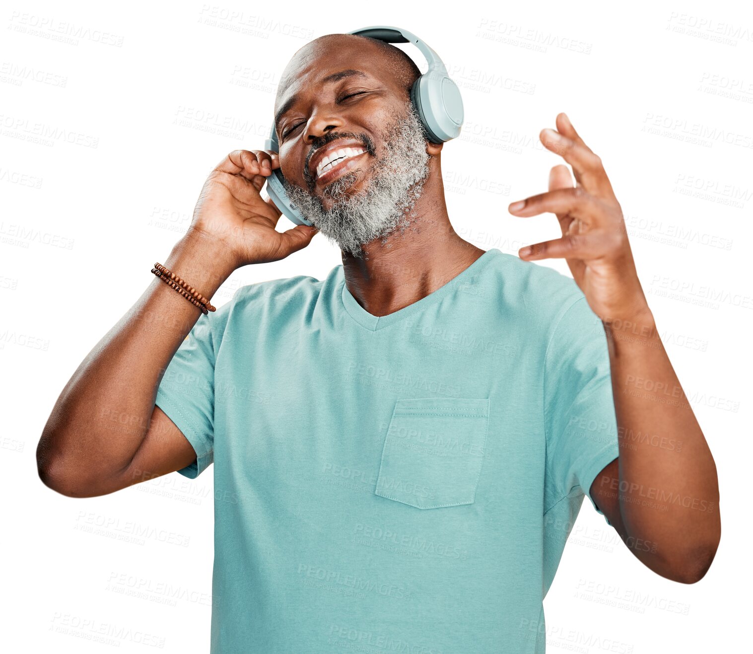 Buy stock photo Music, dance and smile with a senior black man isolated on a transparent background for fun. Freedom, relax or wireless headphones with a happy mature male streaming audio, radio or sound on PNG
