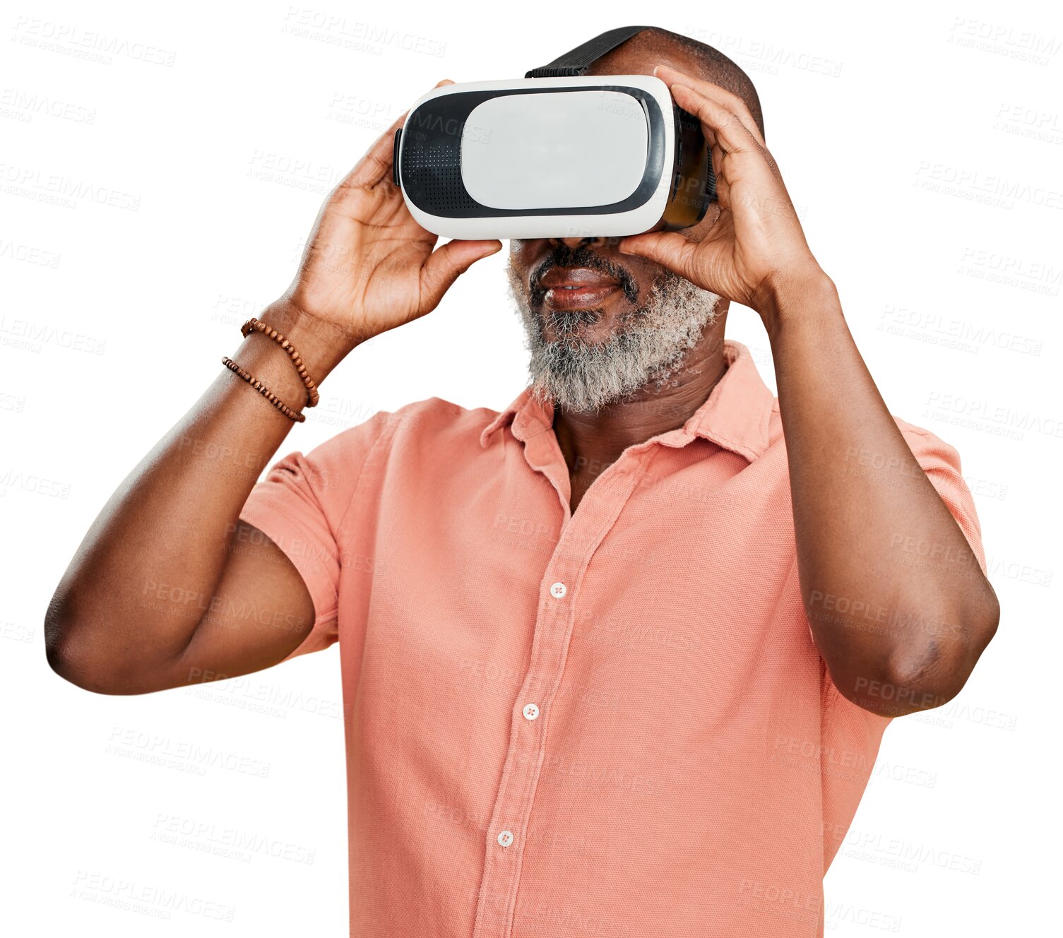 Buy stock photo VR, glasses and futuristic black man isolated on transparent, png background for metaverse, high tech and digital world. Virtual reality, vision and male person with 3d user experience or software