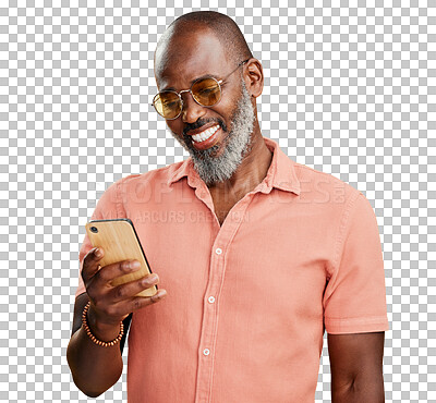 Buy stock photo Phone, reading and happy black man on social media, internet or networking online in sunglasses. Fashion, search and senior person with smartphone, news or chat isolated on transparent png background