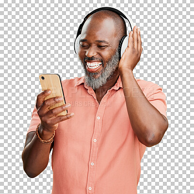 Buy stock photo Phone, music and black man laughing with headphones on isolated, PNG and transparent background. Smartphone, smile and happy male person and listening to audio, radio and streaming podcast online