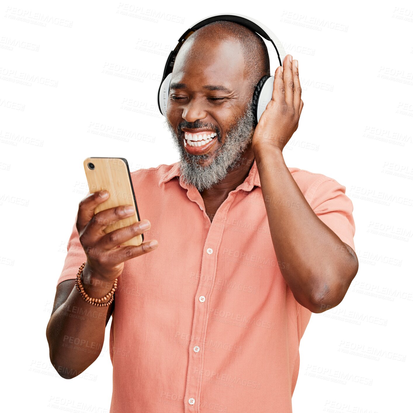 Buy stock photo Phone, music and black man laughing with headphones on isolated, PNG and transparent background. Smartphone, smile and happy male person and listening to audio, radio and streaming podcast online