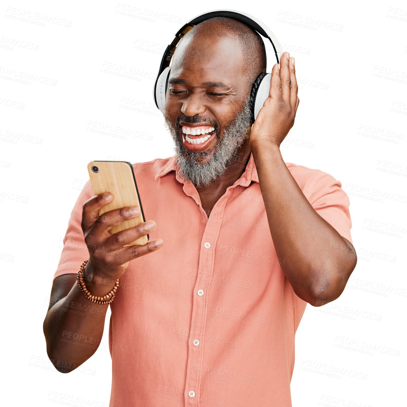 Buy stock photo Phone, music and happy black man with headphones on isolated, PNG and transparent background. Smartphone, smile and male person laughing and listening to audio, radio and streaming podcast online